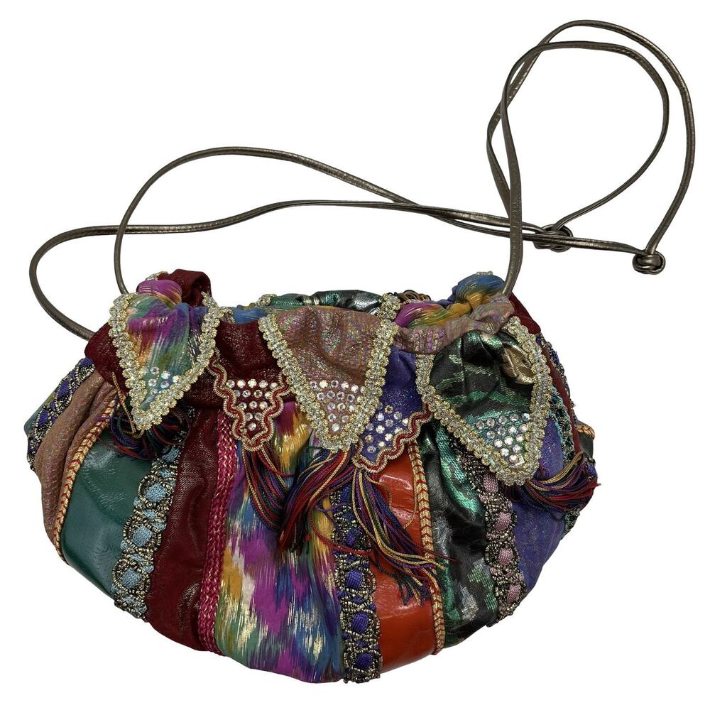 Boho Iridescent Beaded Drawstring Purse Festival Bag Zipper Pocket Snap Closure